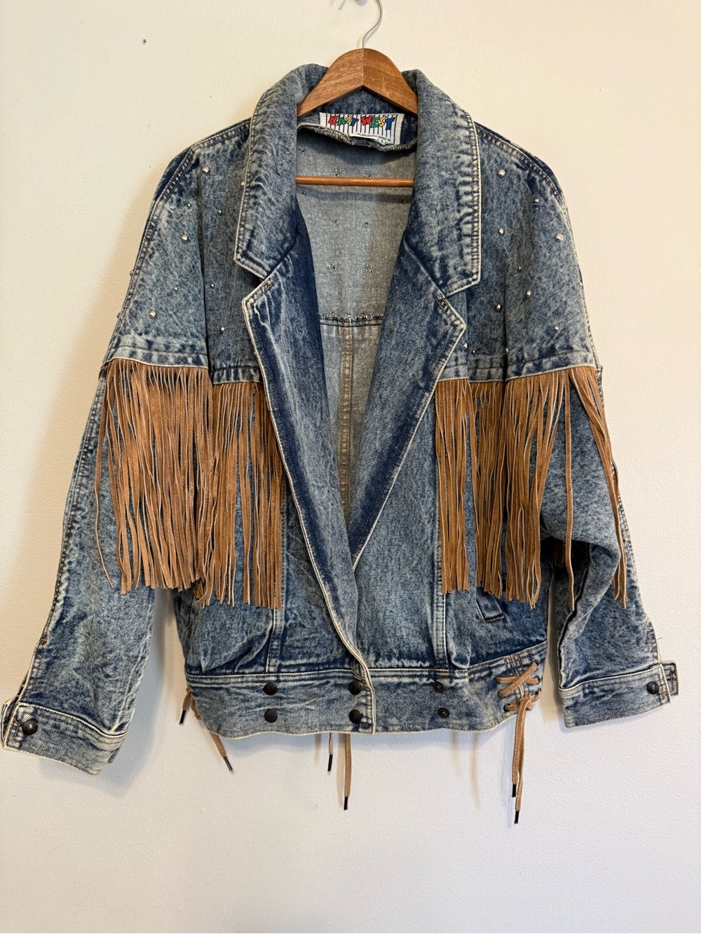 East West Vintage Womens Denim Jacket Size Medium Acid Wash Leather Fringe Boho